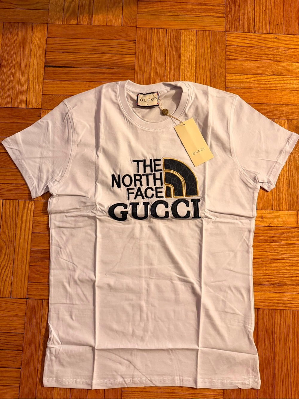 Gucci White Short-Sleeve Logo T-Shirt with Black and Gold Accents